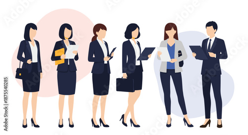 Group of professional businesswomen and one businessman in formal suits, standing and holding documents, representing a corporate team.