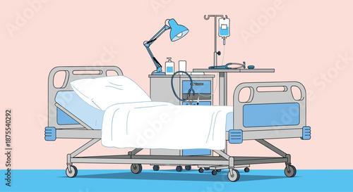 Illustration of an empty hospital room with a bed, IV drip stand, and medical equipment, representing healthcare and recovery.