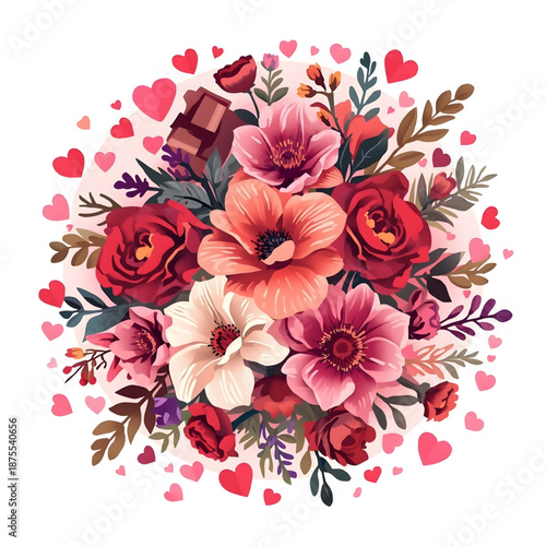 Vibrant floral bouquet illustration featuring red, pink, and cream blossoms, accented with festive hearts and delectable chocolate, symbolizing love and joy