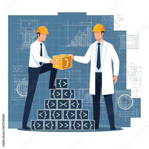 Two construction engineers collaborate to build a foundational structure using coding blocks against a detailed blueprint background on transparent background