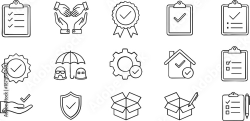 Professional Business Line Icon Set Featuring Quality Control Seals, Insurance Symbols, Task Checklists, and Logistics Management Graphics for Corporate Website Branding and Apps