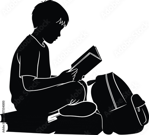 Black silhouette of a schoolboy sitting on books and reading, student with backpack education icon isolated on white background, vector. (20 words)