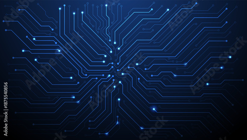Blue glowing circuit board lines network on dark background. Connection and data transmission concept. Vector eps10.