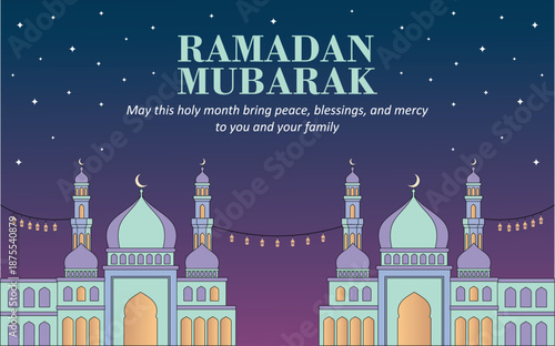 Ramadan Kareem banner with purple mosque silhouette, lanterns, and starry night sky