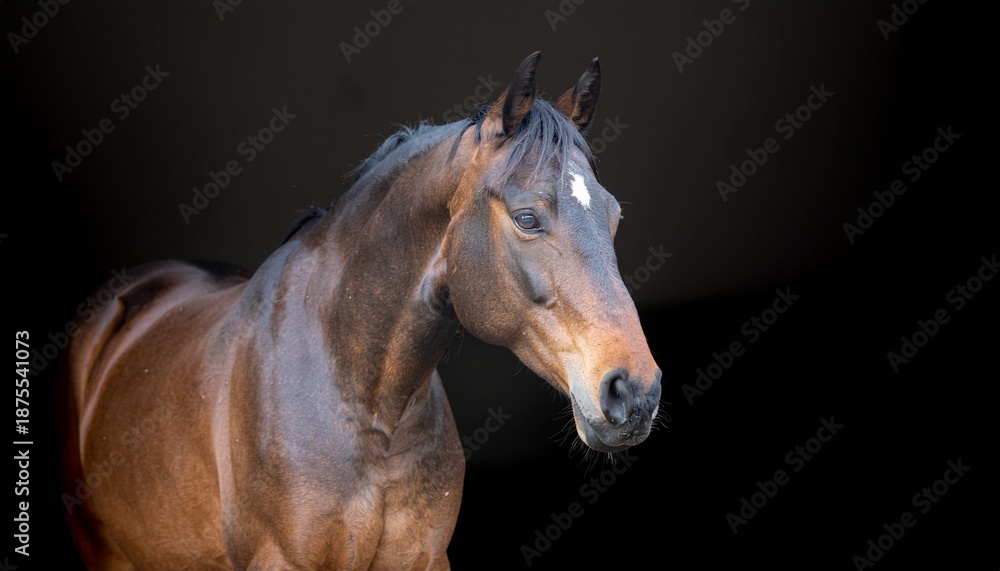 Obraz premium Bay horse looking sideways on plain background.