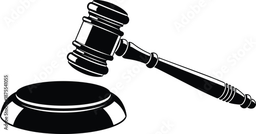 Black silhouette of judge gavel and sound block, legal system auction and justice icon isolated on white background, law vector. (20 words)