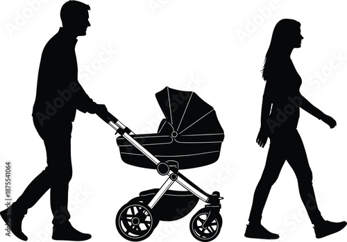 Black silhouette of parents walking with a baby stroller, couple with infant pram isolated on white background, happy family vector. (20 words)