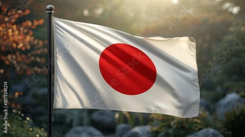 National Flag of Japan Waving on Flagpole with Soft Natural Sunlight Background