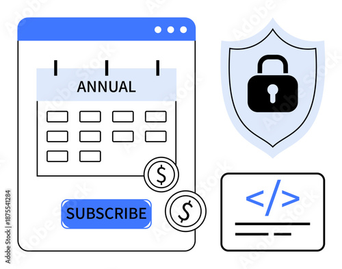 Subscription plans, data privacy, online payments, cybersecurity, software development, financial technology. Annual subscription interface with shield and coding element. Subscription plans and data