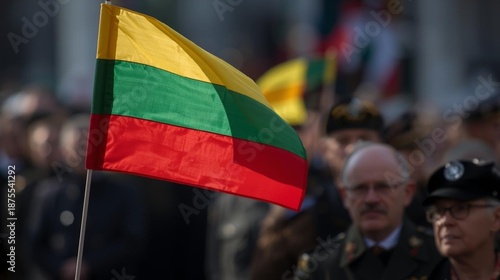 Lithuanian Tricolor Flag Waving During Public Patriotic Parade and Celebration