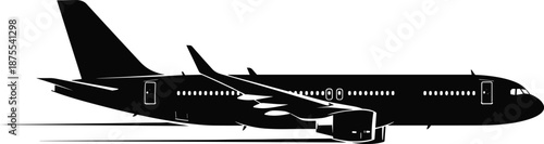 Black silhouette vector of a large passenger commercial airplane, jet aircraft for travel and aviation transportation icon isolated on white. (20 words)