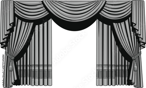 Luxurious classic grey curtains with elegant valance and tassels, theater stage drapes or home window interior design elements, vector illustration. (20 words)