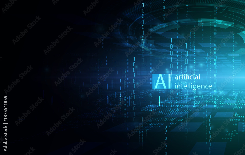 Obraz premium AI Artificial Intelligence with binary code and digital interface on dark background. Future technology concept. Vector eps10.
