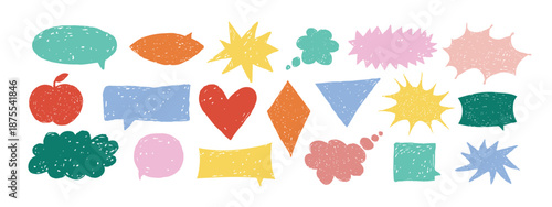 Colored speech bubble set with chalk texture, funny geometric bubble shapes for text, a collection of text boxes with circles, stars, and hearts. Vector illustration.