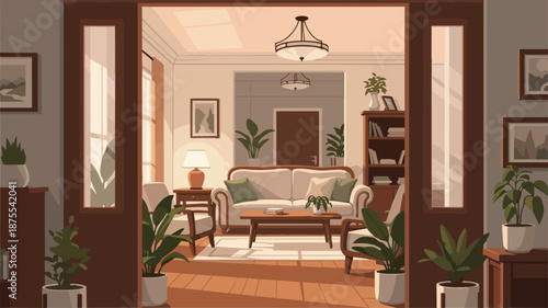 Cozy and inviting living room with warm sunlight streaming through the windows.