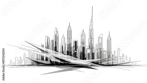Sketch of a futuristic cityscape with sleek skyscrapers and abstract lines.