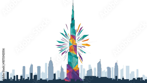 Colorful illustration of the Burj Khalifa in Dubai cityscape.