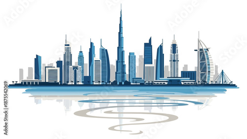 Dubai city skyline with modern skyscrapers and iconic buildings.