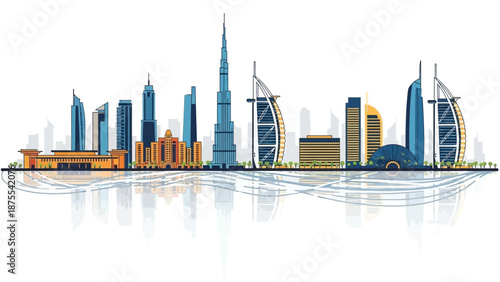 Dubai cityscape with modern skyscrapers and iconic buildings.