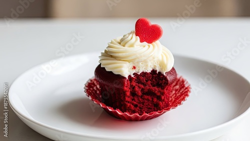 Red Velvet Cupcake with Cream Cheese Frosting and Heart Sprinkles on White Plate