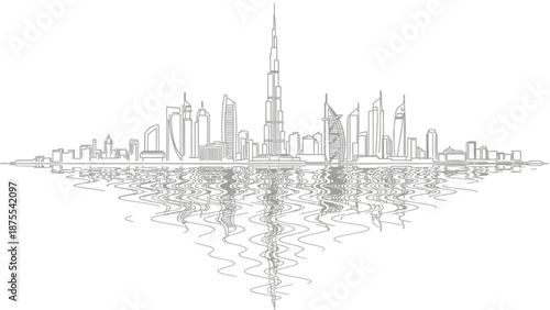 Dubai city skyline illustration with reflection on water.