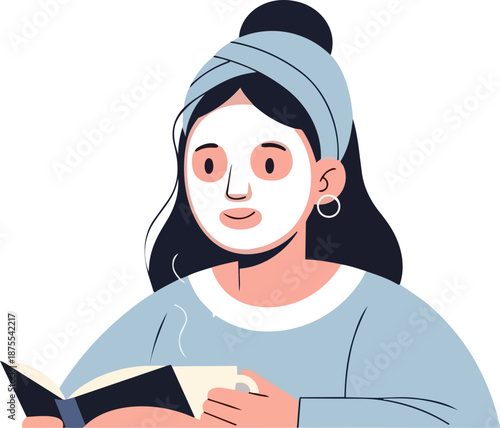 Woman enjoying a relaxing self-care routine with a face mask and a book.