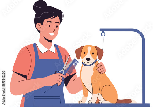 Professional pet groomer giving a haircut to a cute dog on a grooming table.