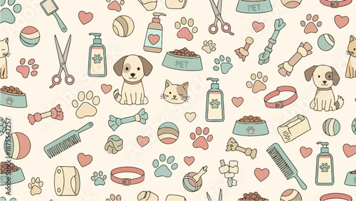 Cute seamless pattern with puppies, kittens, and pet care accessories.