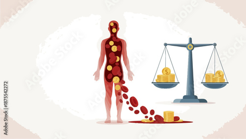 Human body with money flowing out, balanced by a scale with gold coins, representing health and wealth balance.