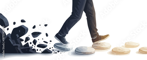 Person walking on stepping stones, symbolizing progress and overcoming challenges.