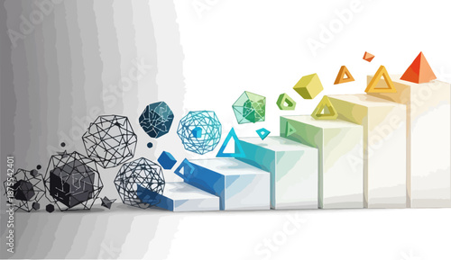 Abstract geometric shapes ascending a staircase, symbolizing progress and evolution.