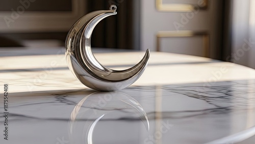Silver Crescent Moon Decoration on Marble Surface with Soft Sunlight