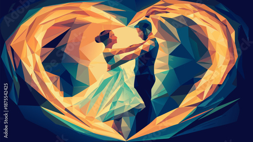 Couple dancing in heart shaped polygonal background