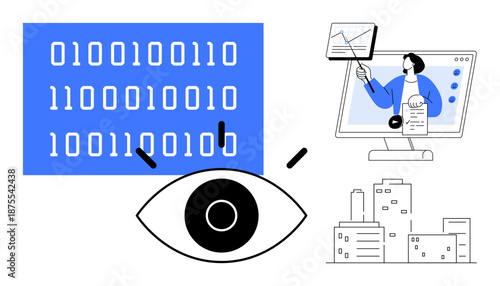 Data visualization concept. Binary code, eye icon for analytics, and virtual presentation data visualization in analysis and communication. For analytics, data science, cybersecurity, AI, technology