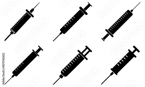 Five Black Syringe Silhouettes on White Background medical healthcare