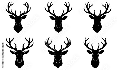Six Black Deer Heads with Antlers Silhouette on White Background 1