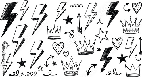 Set of black hand drawn lightning bolts, crown doodles with stars and hearts, creative sketch elements, cad drawing flat vector illustration,