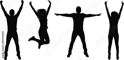 Group of people jumping in celebration, energetic human silhouettes, success concept, freedom and happiness, isolated black figures, vector illustration