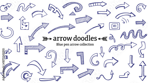 Set of blue pen arrow doodles, hand drawn sketchy pointers for navigation, creative ink direction symbols, cad drawing flat vector illustration,