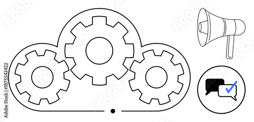 Gears within a cloud structure, a megaphone, and a speech bubble with a checkmark. Ideal for teamwork, automation, connectivity, communication, cloud technology marketing workflow. Simple flat