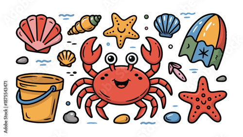 Ocean Wonders: A vibrant, playful illustration showcasing a cheerful crab surrounded by an array of beach treasures, perfect for capturing the essence of seaside fun and marine life.
