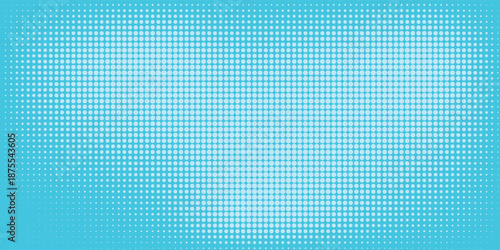 Abstract dotted halftone texture fading from white to teal and deep blue in vertical gradient