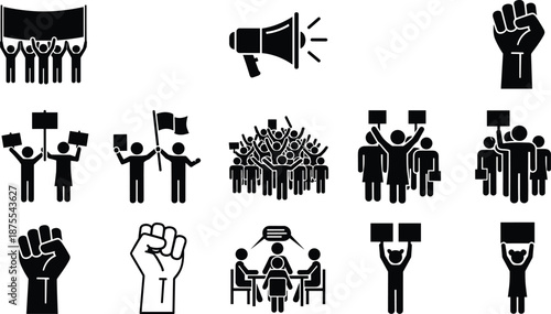Protest and activism icons set, people holding signs, raised fists, megaphone, social movement symbols, political demonstration, vector illustration