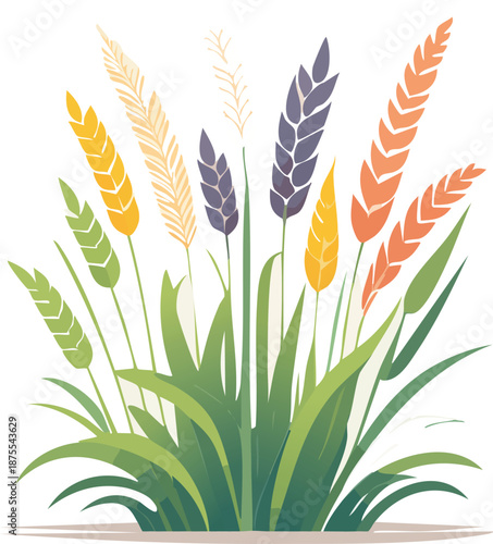 A vibrant illustration of wheat plants in various colors growing together in a lush green field viewed from a slight angle
