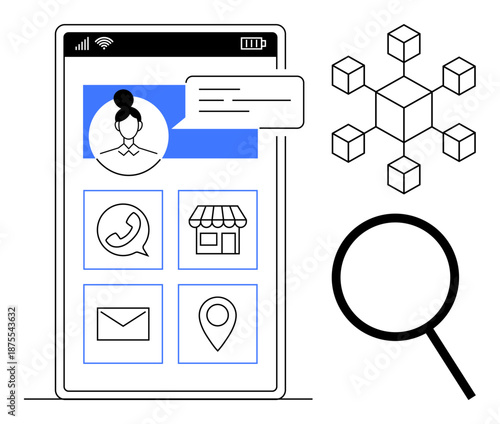 Mobile screen layout featuring user profile, icons for communication, location, and shop access, alongside blockchain diagram and magnifying glass. Ideal for technology, networking, communication