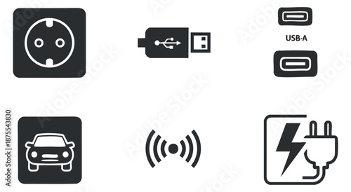 A collection of technology icons including a power socket, USB connectors, a car, and wireless signals in minimalist vector style, suitable for tech-related projects