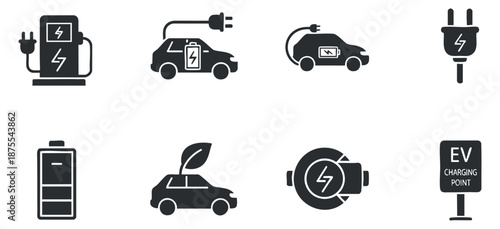 A collection of electric vehicle icons including charging stations and batteries in flat black and white vector style, ideal for eco-friendly transportation projects