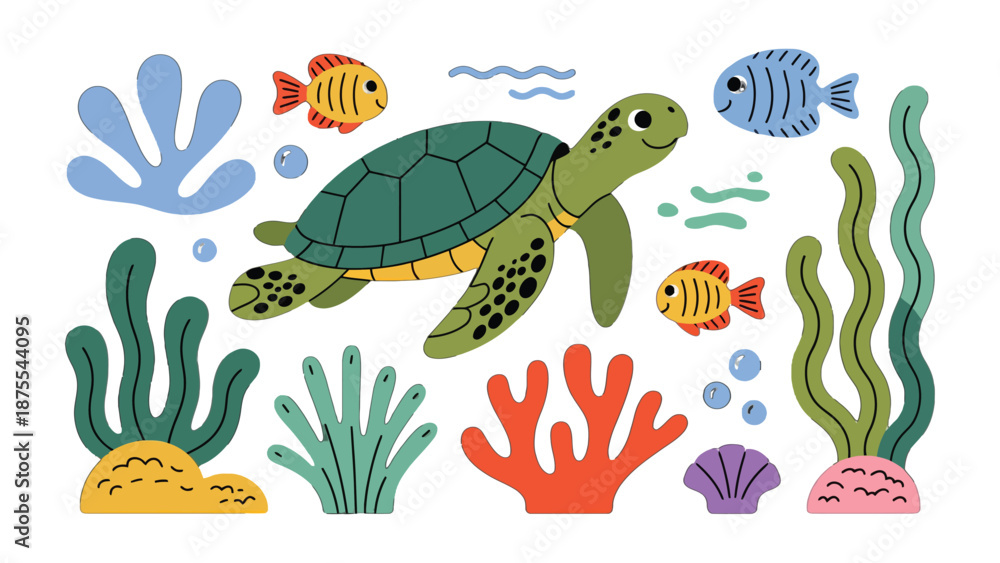 Fototapeta premium Underwater World Illustration: Delightful illustration of a cheerful sea turtle, swimming among colorful fishes and vibrant sea plants, creating a scene of marine life. 