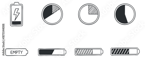 A collection of battery icons showing different charge levels in minimalist outline vector style, suitable for technology and app design