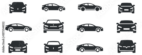 A set of various car silhouettes in black minimalist vector style, suitable for transportation themes and automotive design